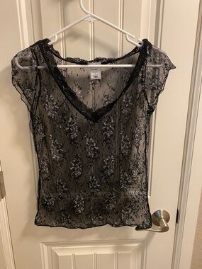 Vintage Old Navy L Top Lace Sheer Black Silver Stretch Blouse Short Sleeve Shirt